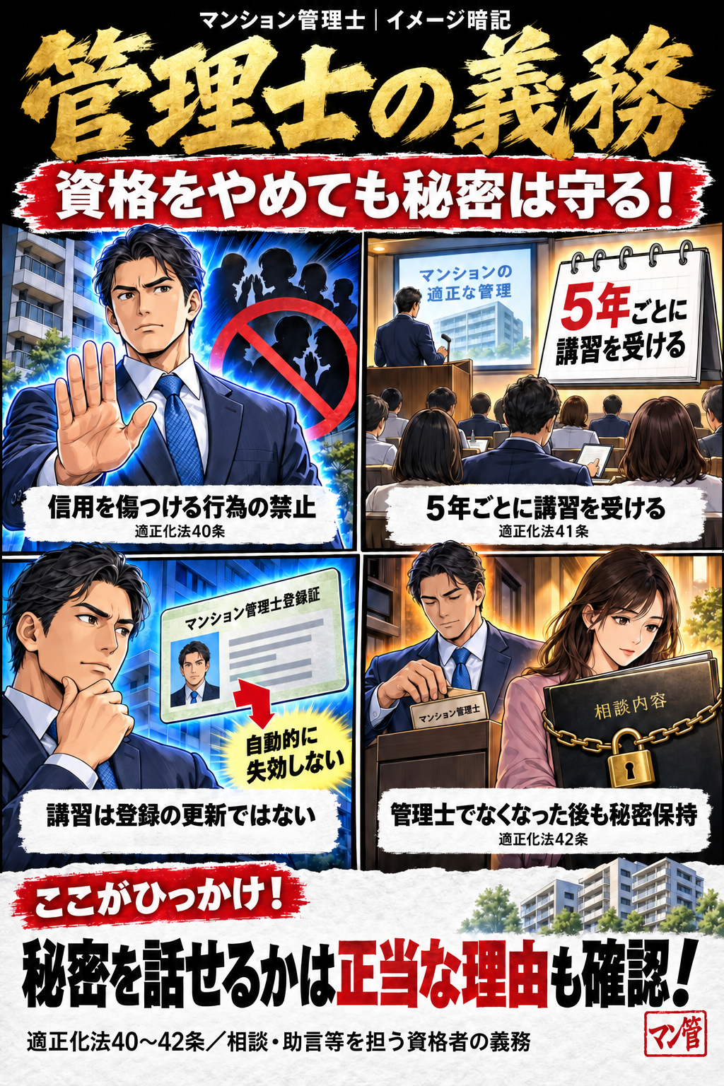 管理士の義務。信用を傷つける行為の禁止。5年ごとに講習を受ける。講習は登録の更新ではない。管理士でなくなった後も秘密保持。秘密を話せるかは正当な理由も確認! 適正化法40〜42条/相談・助言等を担う資格者の義務