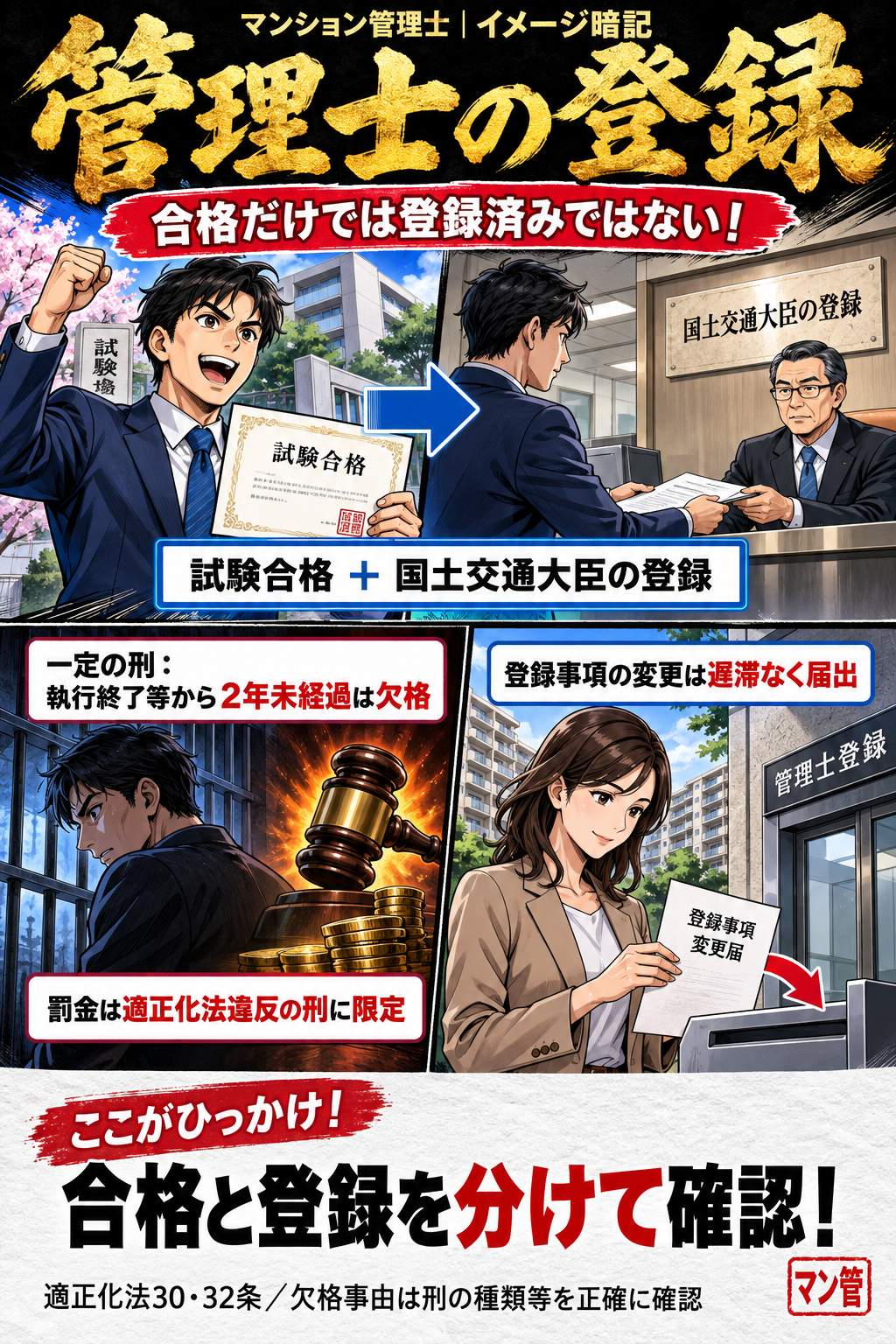 管理士の登録。試験合格 + 国土交通大臣の登録。一定の刑:執行終了等から2年未経過は欠格。罰金は適正化法違反の刑に限定。登録事項の変更は遅滞なく届出。合格と登録を分けて確認! 適正化法30・32条/欠格事由は刑の種類等を正確に確認