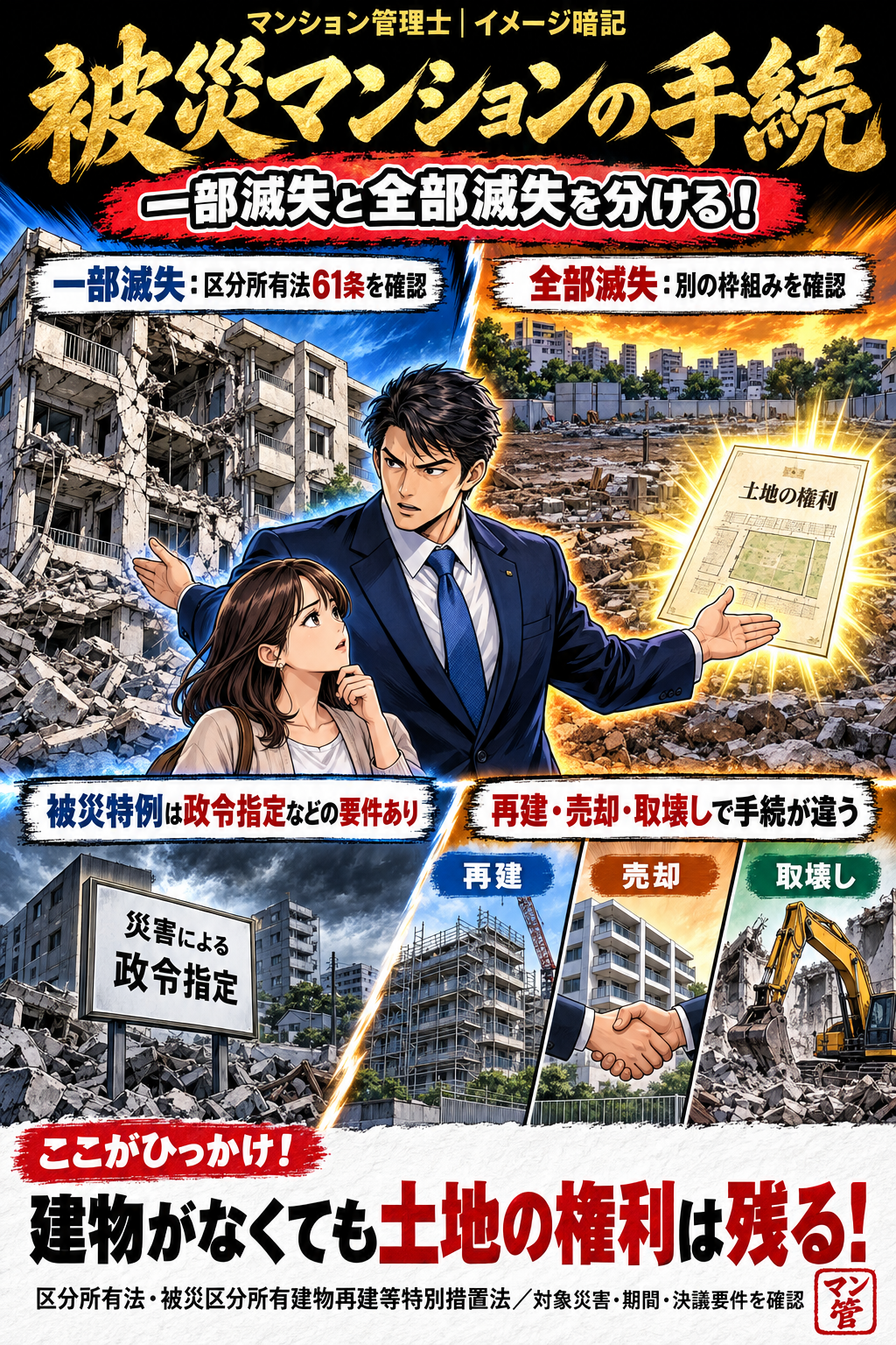 被災マンションの手続。一部滅失:区分所有法61条を確認。全部滅失:別の枠組みを確認。被災特例は政令指定などの要件あり。再建・売却・取壊しで手続が違う。建物がなくても土地の権利は残る! 区分所有法・被災区分所有建物再建等特別措置法/対象災害・期間・決議要件を確認