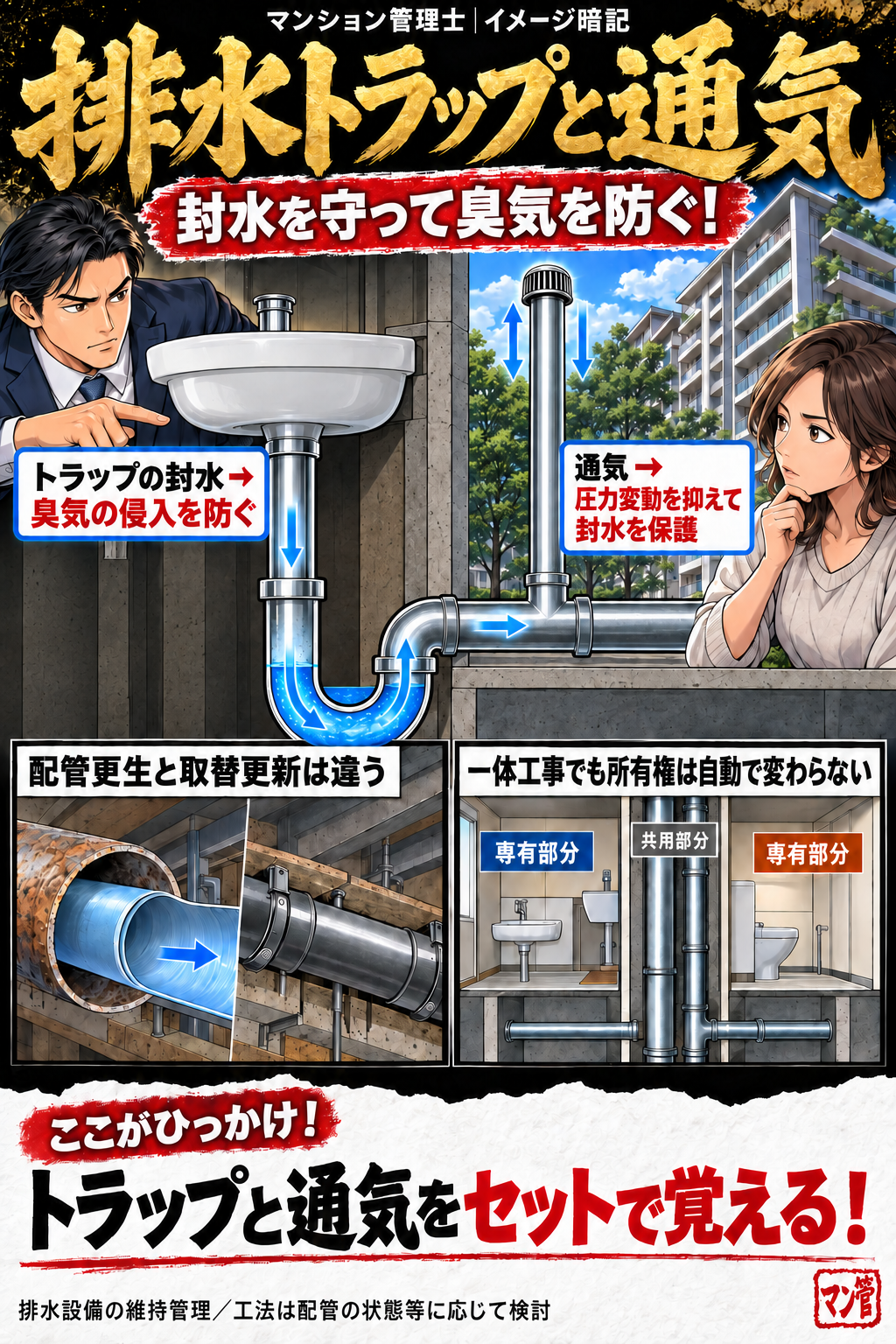 排水トラップと通気。トラップの封水 → 臭気の侵入を防ぐ。通気 → 圧力変動を抑えて封水を保護。配管更生と取替更新は違う。一体工事でも所有権は自動で変わらない。トラップと通気をセットで覚える! 排水設備の維持管理/工法は配管の状態等に応じて検討