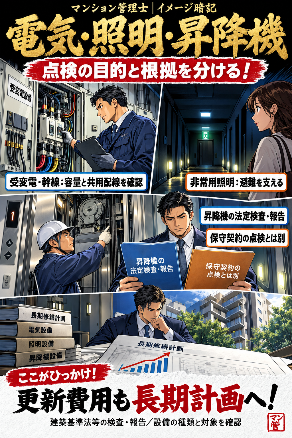 電気・照明・昇降機。受変電・幹線:容量と共用配線を確認。非常用照明:避難を支える。昇降機の法定検査・報告。保守契約の点検とは別。更新費用も長期計画へ! 建築基準法等の検査・報告/設備の種類と対象を確認