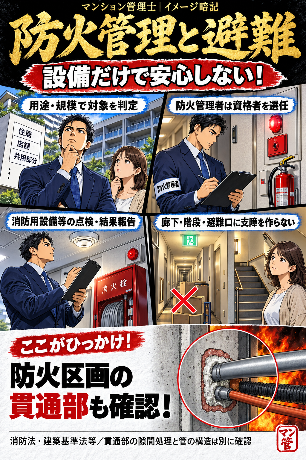 防火管理と避難。用途・規模で対象を判定。防火管理者は資格者を選任。消防用設備等の点検・結果報告。廊下・階段・避難口に支障を作らない。防火区画の貫通部も確認! 消防法・建築基準法等/貫通部の隙間処理と管の構造は別に確認