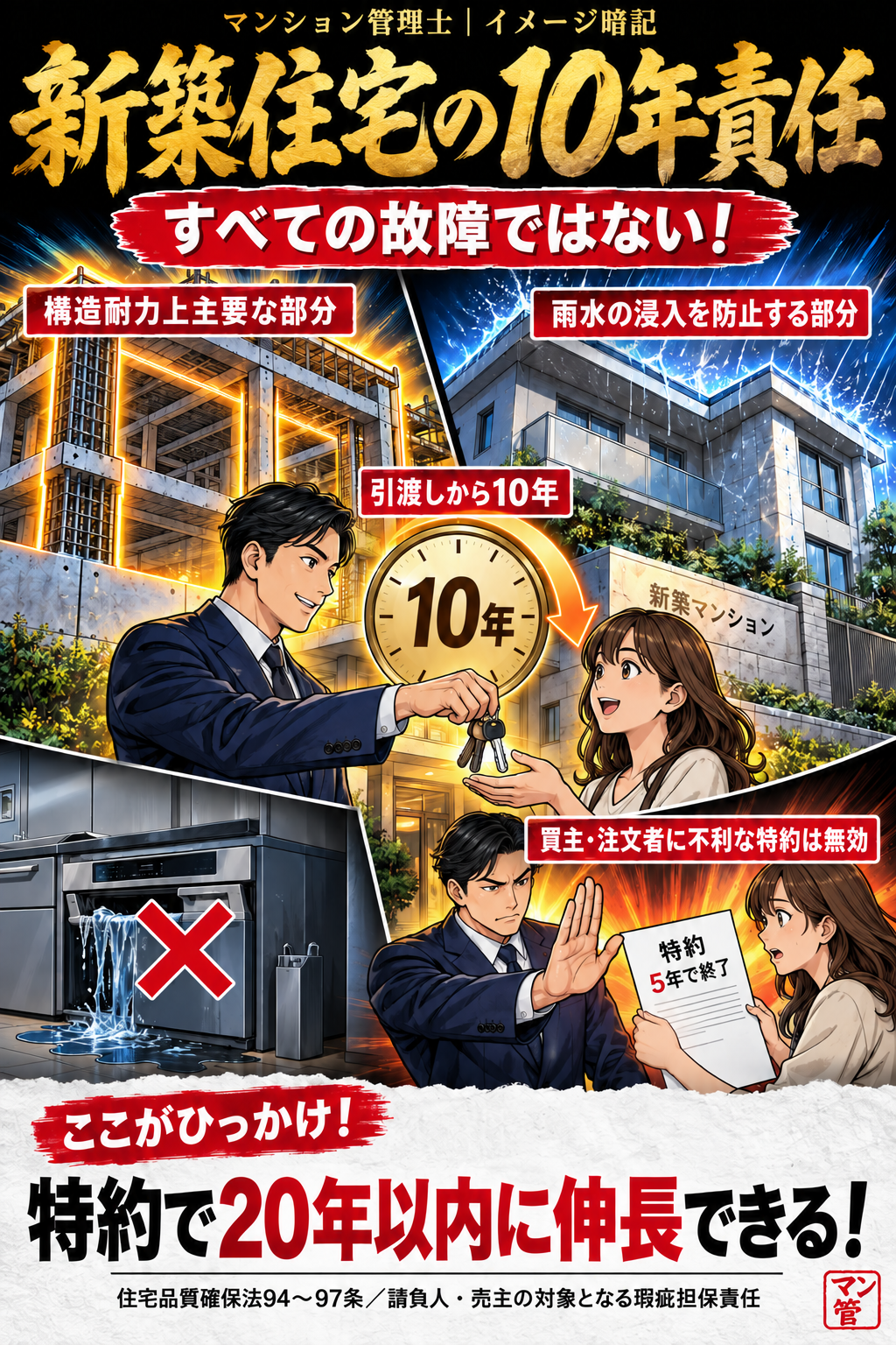 新築住宅の10年責任。構造耐力上主要な部分。雨水の浸入を防止する部分。引渡しから10年。買主・注文者に不利な特約は無効。特約で20年以内に伸長できる! 住宅品質確保法94〜97条/請負人・売主の対象となる瑕疵担保責任