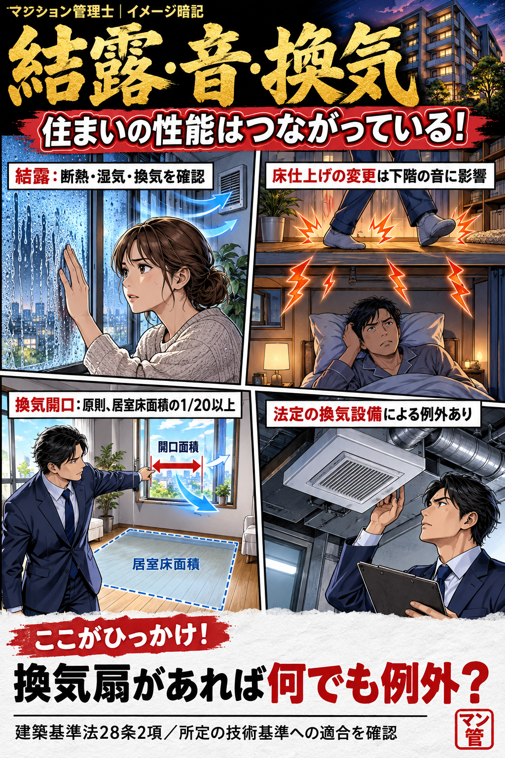 結露・音・換気。結露:断熱・湿気・換気を確認。床仕上げの変更は下階の音に影響。換気開口:原則、居室床面積の1/20以上。法定の換気設備による例外あり。換気扇があれば何でも例外? 建築基準法28条2項/所定の技術基準への適合を確認