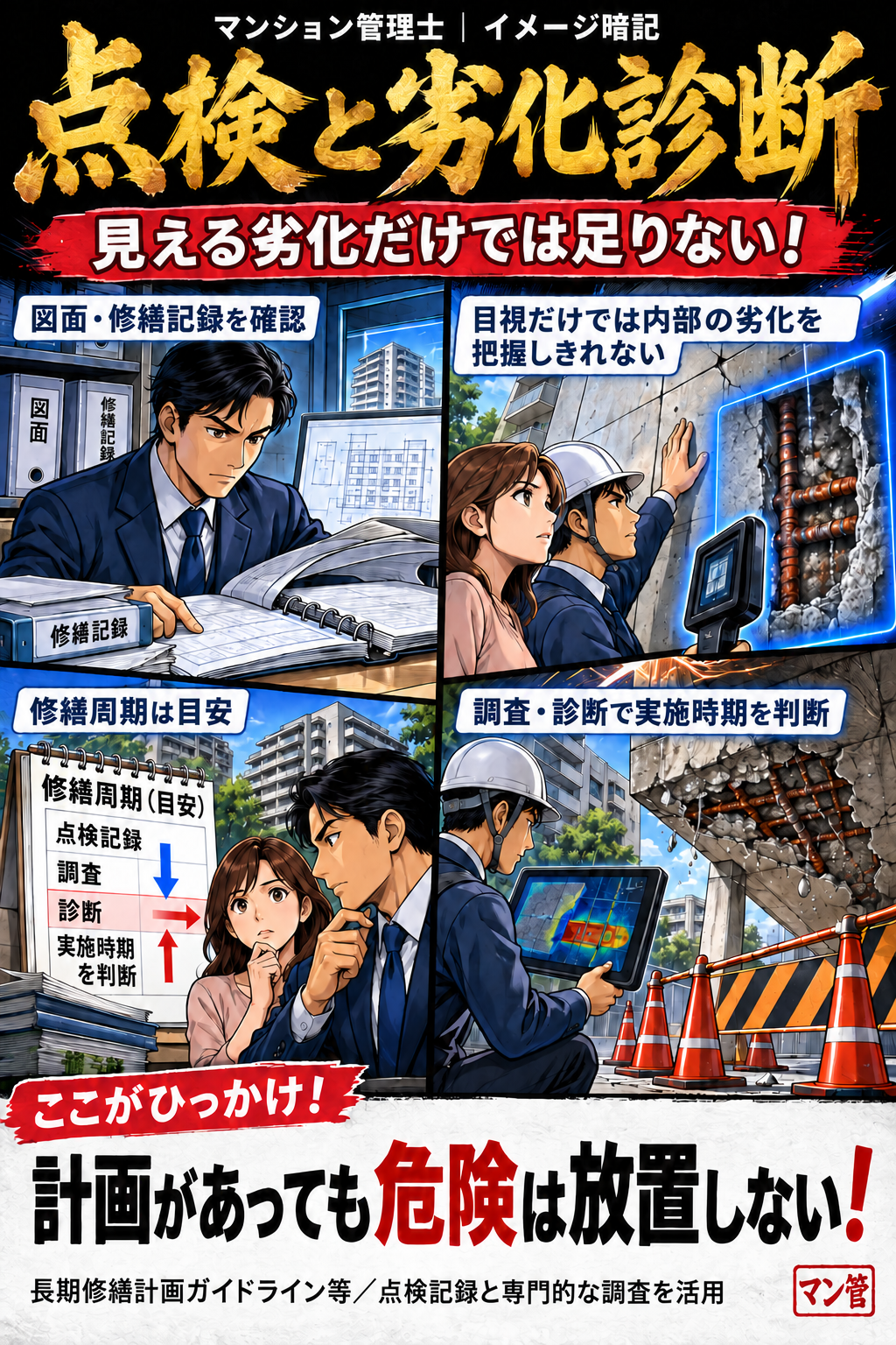 点検と劣化診断。図面・修繕記録を確認。目視だけでは内部の劣化を把握しきれない。修繕周期は目安。調査・診断で実施時期を判断。計画があっても危険は放置しない! 長期修繕計画ガイドライン等/点検記録と専門的な調査を活用