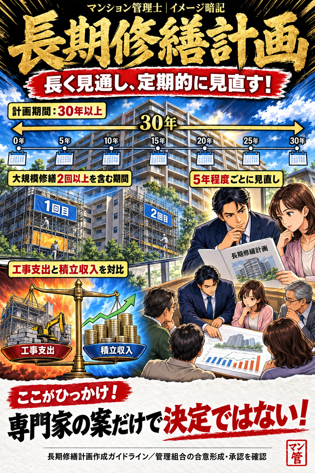 長期修繕計画。計画期間:30年以上。大規模修繕2回以上を含む期間。5年程度ごとに見直し。工事支出と積立収入を対比。専門家の案だけで決定ではない! 長期修繕計画作成ガイドライン/管理組合の合意形成・承認を確認