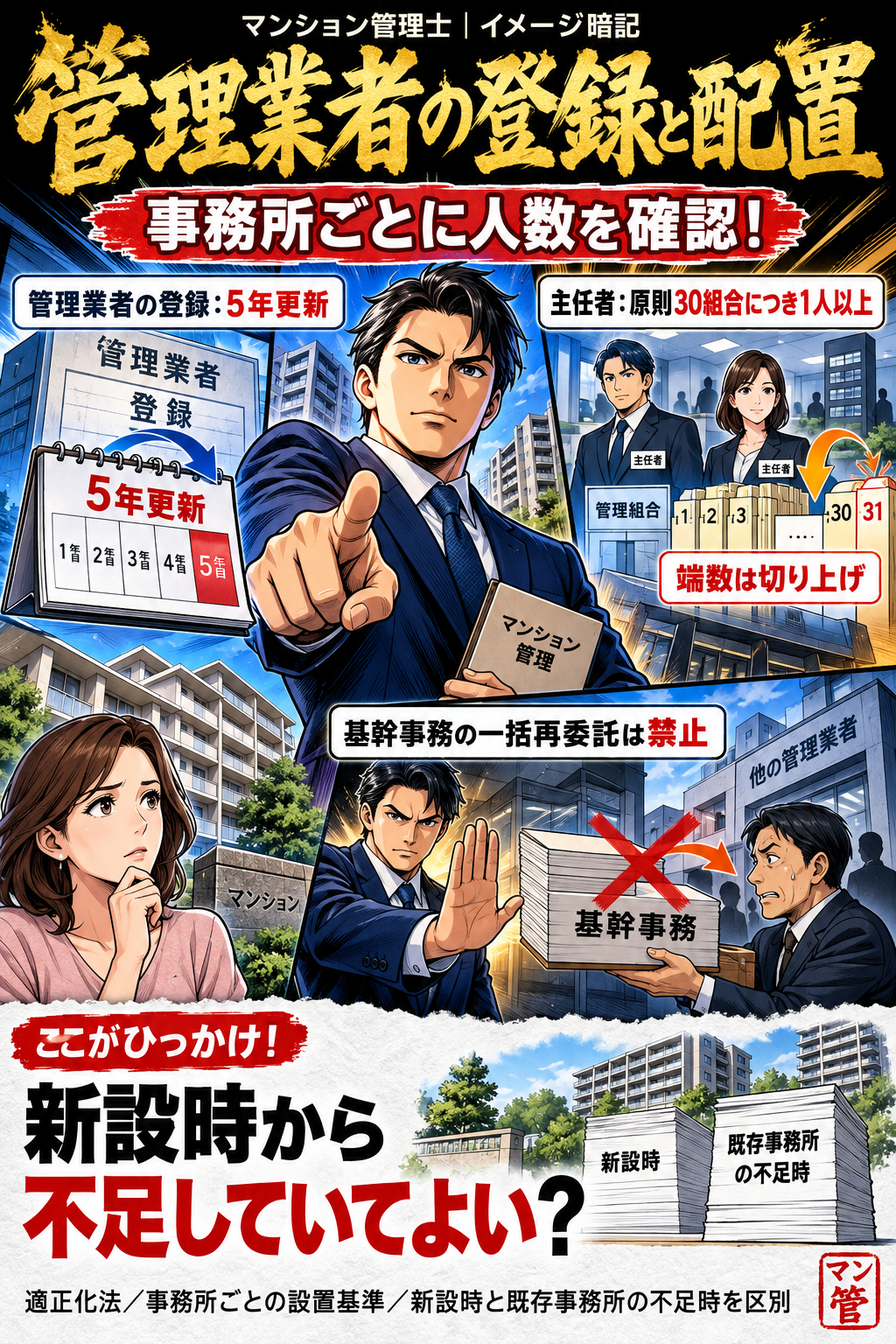 管理業者の登録と配置。管理業者の登録:5年更新。主任者:原則30組合につき1人以上。端数は切り上げ。基幹事務の一括再委託は禁止。新設時から不足していてよい? 適正化法/事務所ごとの設置基準/新設時と既存事務所の不足時を区別