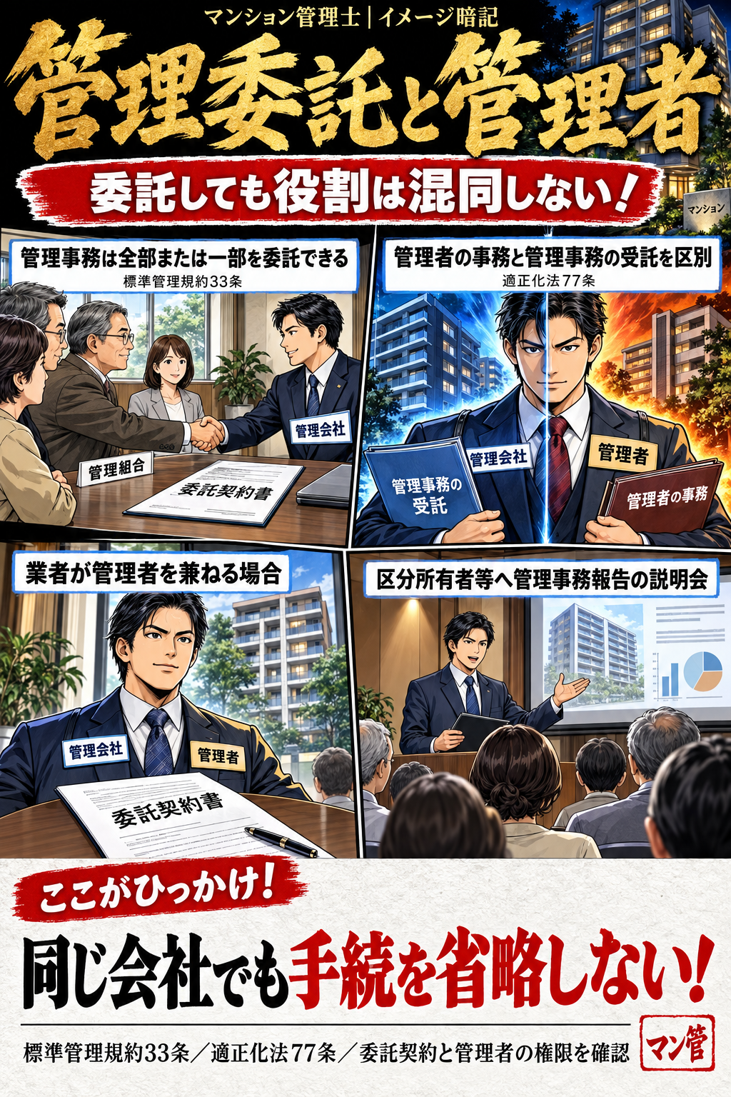 管理委託と管理者。管理事務は全部または一部を委託できる。管理者の事務と管理事務の受託を区別。業者が管理者を兼ねる場合。区分所有者等へ管理事務報告の説明会。同じ会社でも手続を省略しない! 標準管理規約33条/適正化法77条/委託契約と管理者の権限を確認