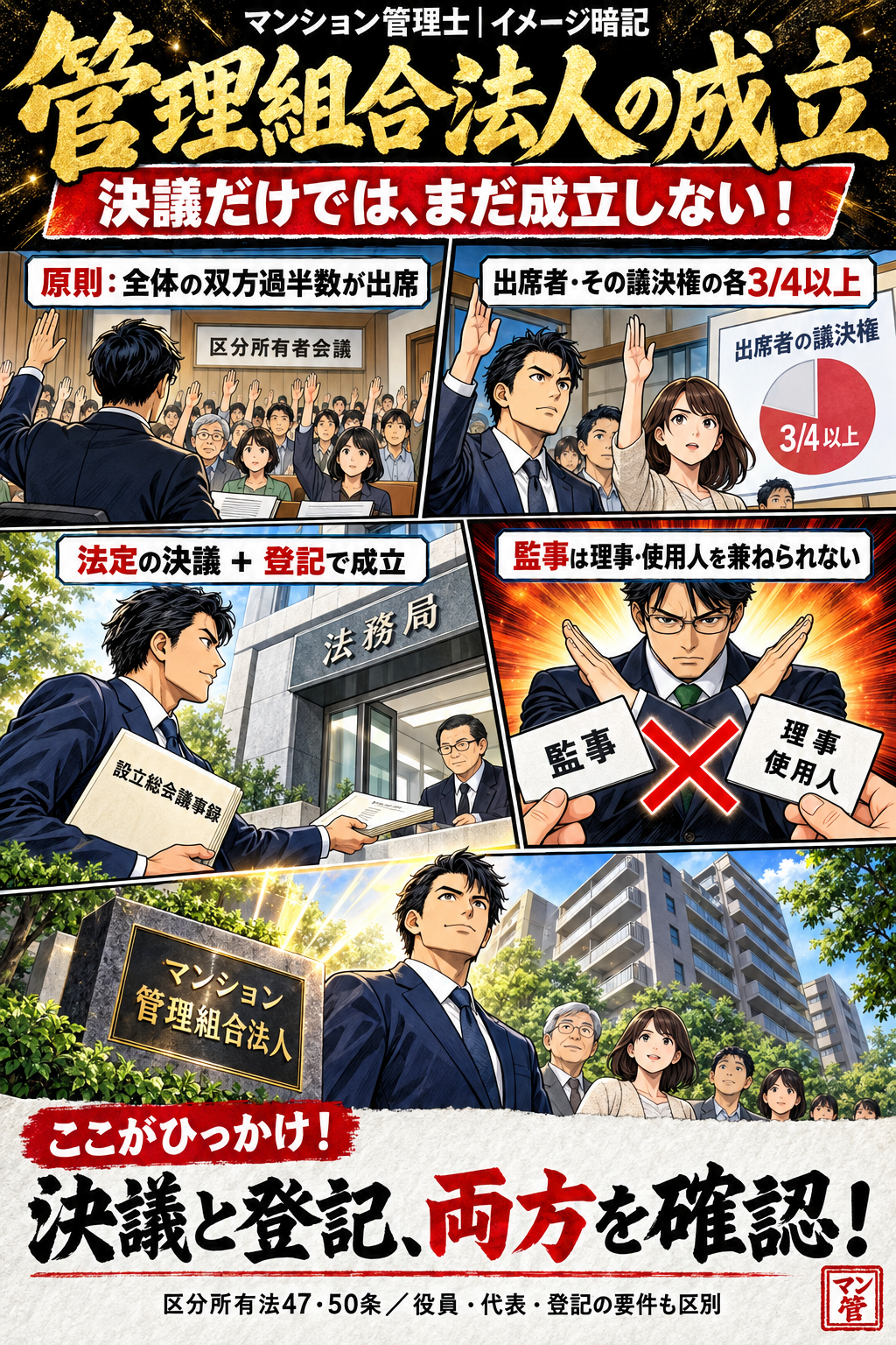 管理組合法人の成立。原則:全体の双方過半数が出席。出席者・その議決権の各3/4以上。法定の決議 + 登記で成立。監事は理事・使用人を兼ねられない。決議と登記、両方を確認! 区分所有法47・50条/役員・代表・登記の要件も区別