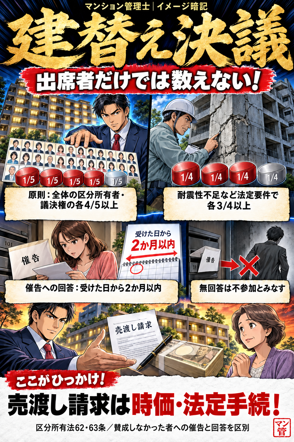 建替え決議。原則:全体の区分所有者・議決権の各4/5以上。耐震性不足など法定要件で各3/4以上。催告への回答:受けた日から2か月以内。無回答は不参加とみなす。売渡し請求は時価・法定手続! 区分所有法62・63条/賛成しなかった者への催告と回答を区別