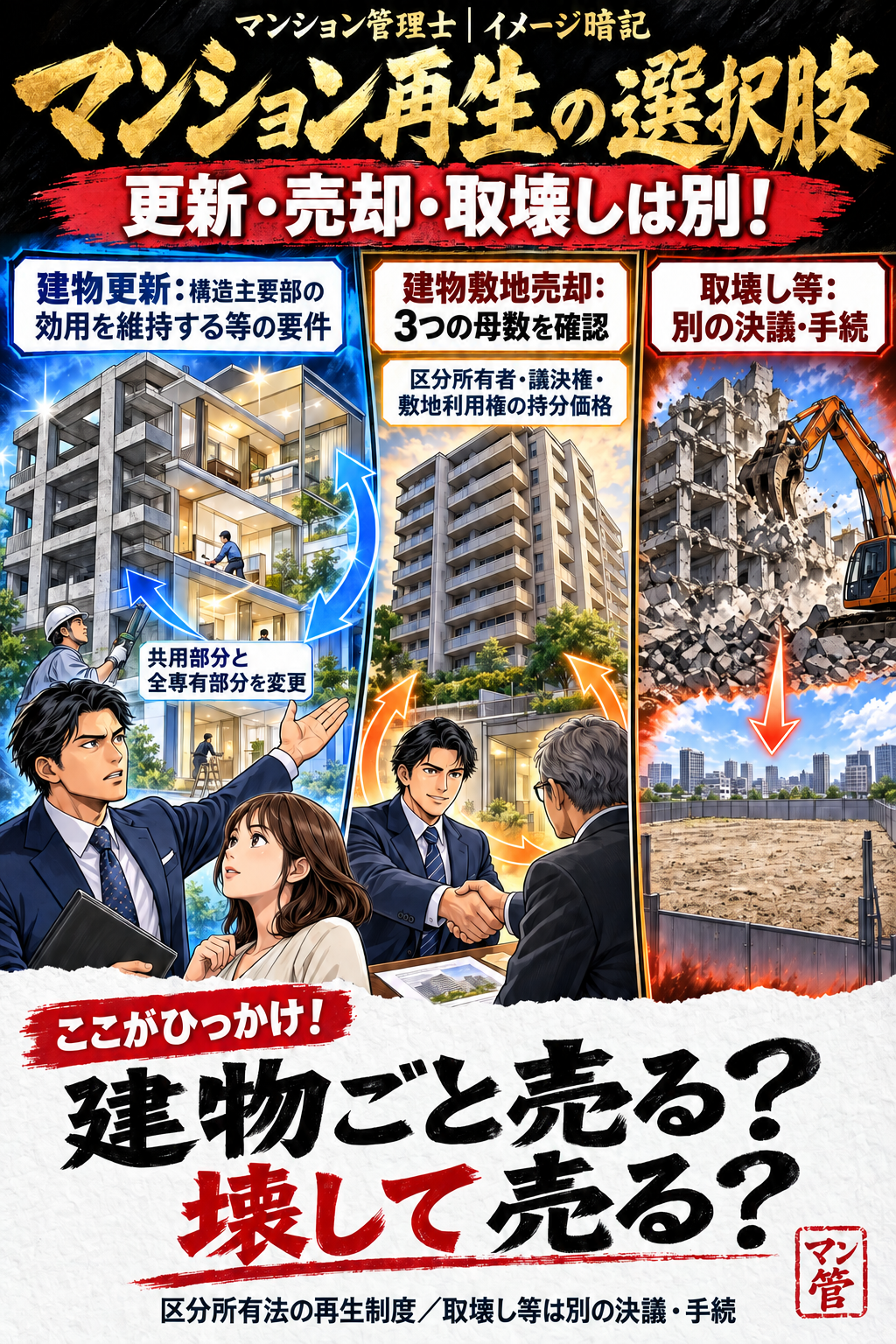 マンション再生の選択肢。建物更新:構造主要部の効用を維持する等の要件。共用部分と全専有部分を変更。建物敷地売却:3つの母数を確認。区分所有者・議決権・敷地利用権の持分価格。建物ごと売る? 壊して売る? 区分所有法の再生制度/取壊し等は別の決議・手続