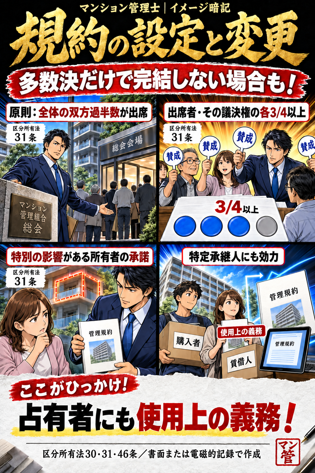 規約の設定と変更。原則:全体の双方過半数が出席。出席者・その議決権の各3/4以上。特別の影響がある所有者の承諾。特定承継人にも効力。占有者にも使用上の義務! 区分所有法30・31・46条/書面または電磁的記録で作成