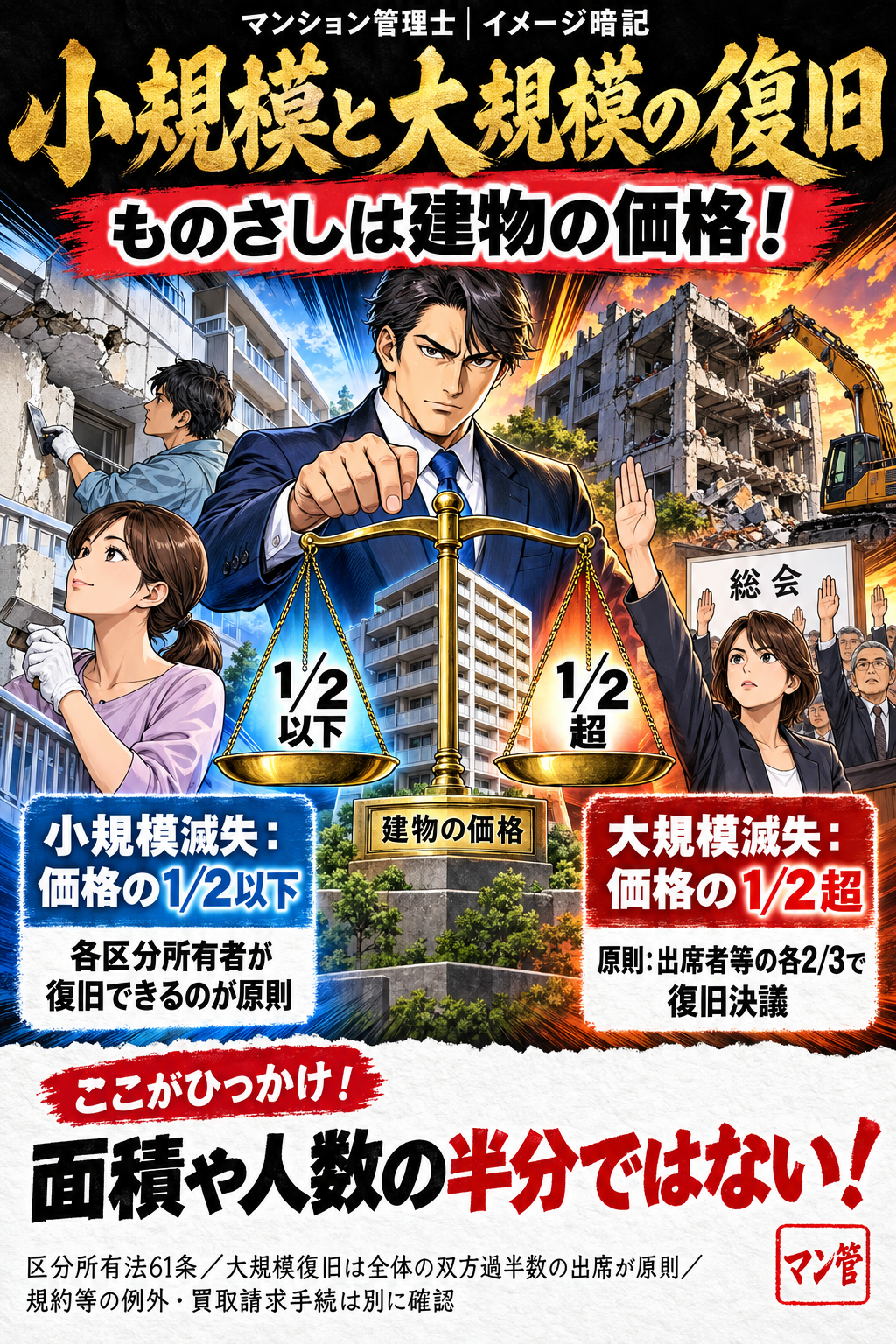 小規模と大規模の復旧。小規模滅失:価格の1/2以下。各区分所有者が復旧できるのが原則。大規模滅失:価格の1/2超。原則:出席者等の各2/3で復旧決議。面積や人数の半分ではない! 区分所有法61条/大規模復旧は全体の双方過半数の出席が原則/規約等の例外・買取請求手続は別に確認