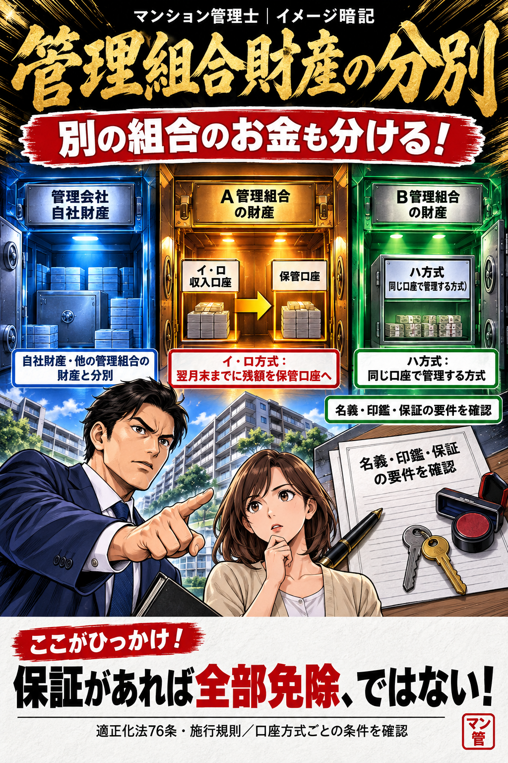 管理組合財産の分別。自社財産・他の管理組合の財産と分別。イ・ロ方式:翌月末までに残額を保管口座へ。ハ方式:同じ口座で管理する方式。名義・印鑑・保証の要件を確認。保証があれば全部免除、ではない! 適正化法76条・施行規則/口座方式ごとの条件を確認