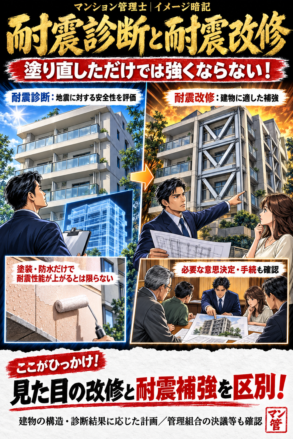 耐震診断と耐震改修。耐震診断:地震に対する安全性を評価。耐震改修:建物に適した補強。塗装・防水だけで耐震性能が上がるとは限らない。必要な意思決定・手続も確認。見た目の改修と耐震補強を区別! 建物の構造・診断結果に応じた計画/管理組合の決議等も確認