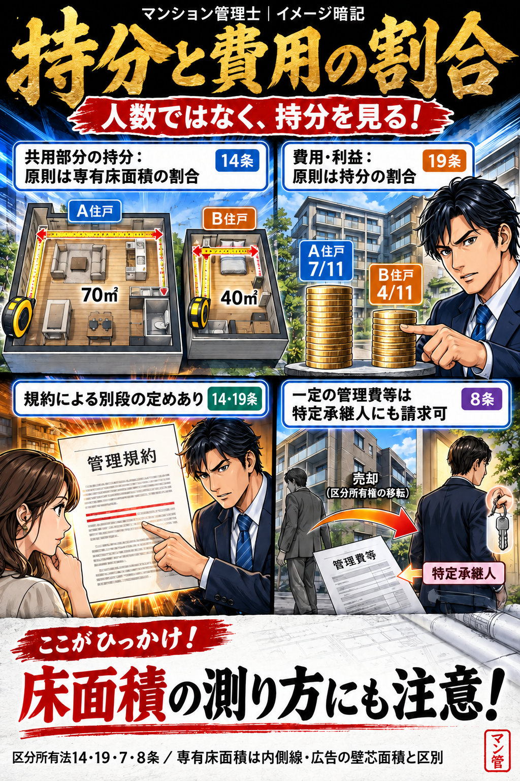 持分と費用の割合。共用部分の持分:原則は専有床面積の割合。費用・利益:原則は持分の割合。規約による別段の定めあり。一定の管理費等は特定承継人にも請求可。床面積の測り方にも注意! 区分所有法14・19・7・8条/専有床面積は内側線・広告の壁芯面積と区別