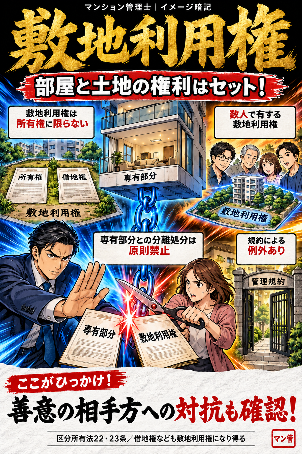 敷地利用権。敷地利用権は所有権に限らない。数人で有する敷地利用権。専有部分との分離処分は原則禁止。規約による例外あり。善意の相手方への対抗も確認! 区分所有法22・23条/借地権なども敷地利用権になり得る