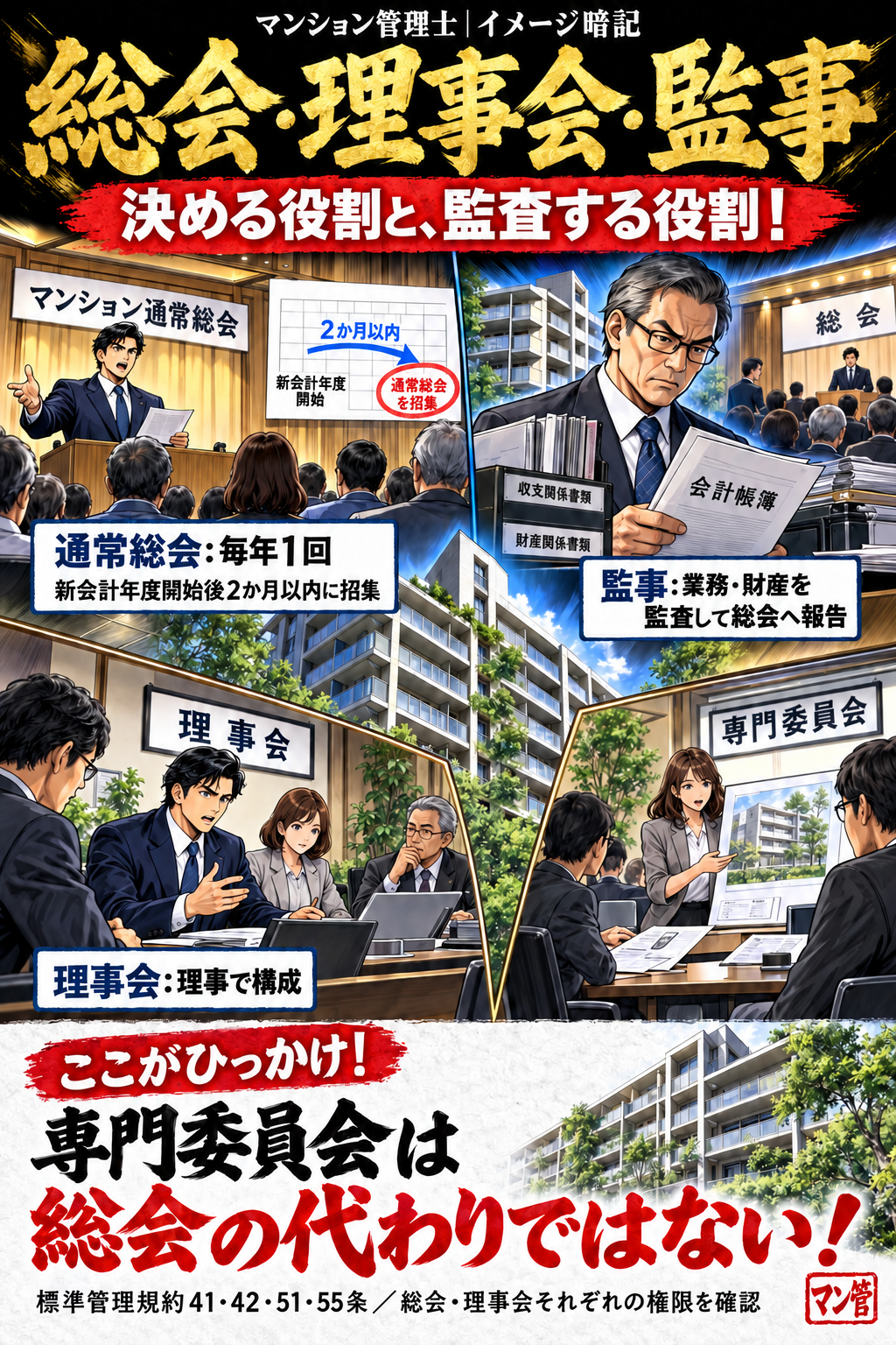 総会・理事会・監事。通常総会:毎年1回。新会計年度開始後2か月以内に招集。監事:業務・財産を監査して総会へ報告。理事会:理事で構成。専門委員会は総会の代わりではない! 標準管理規約41・42・51・55条/総会・理事会それぞれの権限を確認