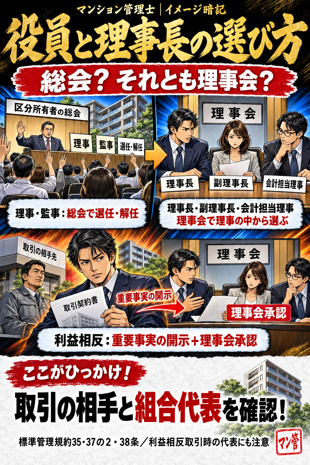 役員と理事長の選び方。理事・監事:総会で選任・解任。理事長・副理事長・会計担当理事。理事会で理事の中から選ぶ。利益相反:重要事実の開示+理事会承認。取引の相手と組合代表を確認! 標準管理規約35・37の2・38条/利益相反取引時の代表にも注意