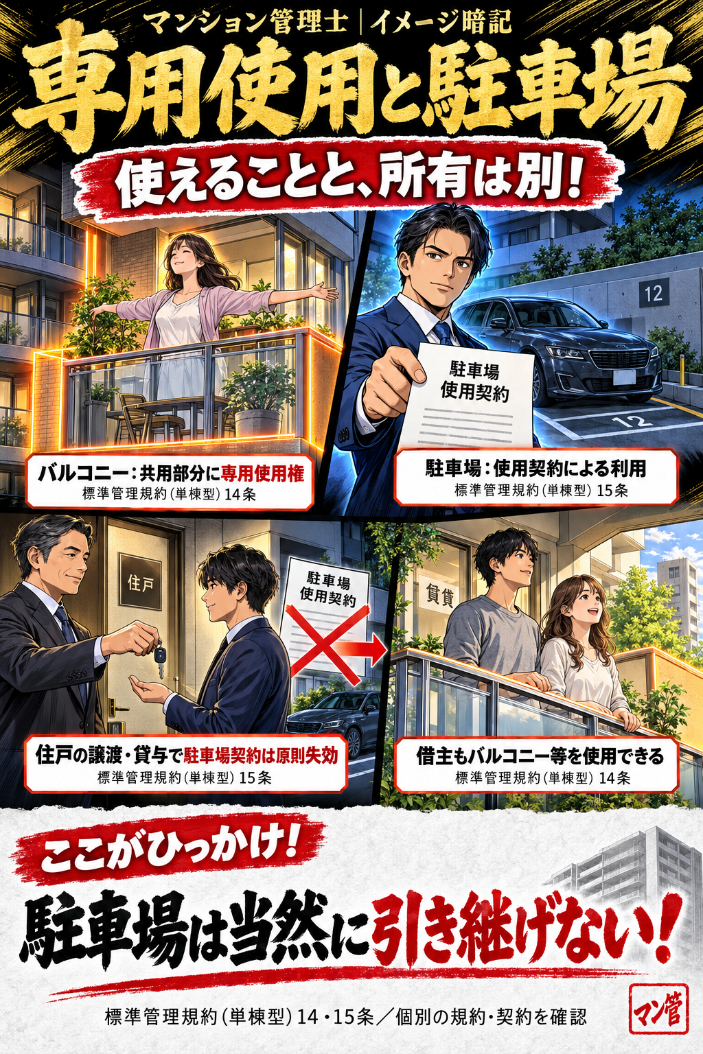 専用使用と駐車場。バルコニー:共用部分に専用使用権。駐車場:使用契約による利用。住戸の譲渡・貸与で駐車場契約は原則失効。借主もバルコニー等を使用できる。駐車場は当然に引き継げない! 標準管理規約(単棟型)14・15条/個別の規約・契約を確認
