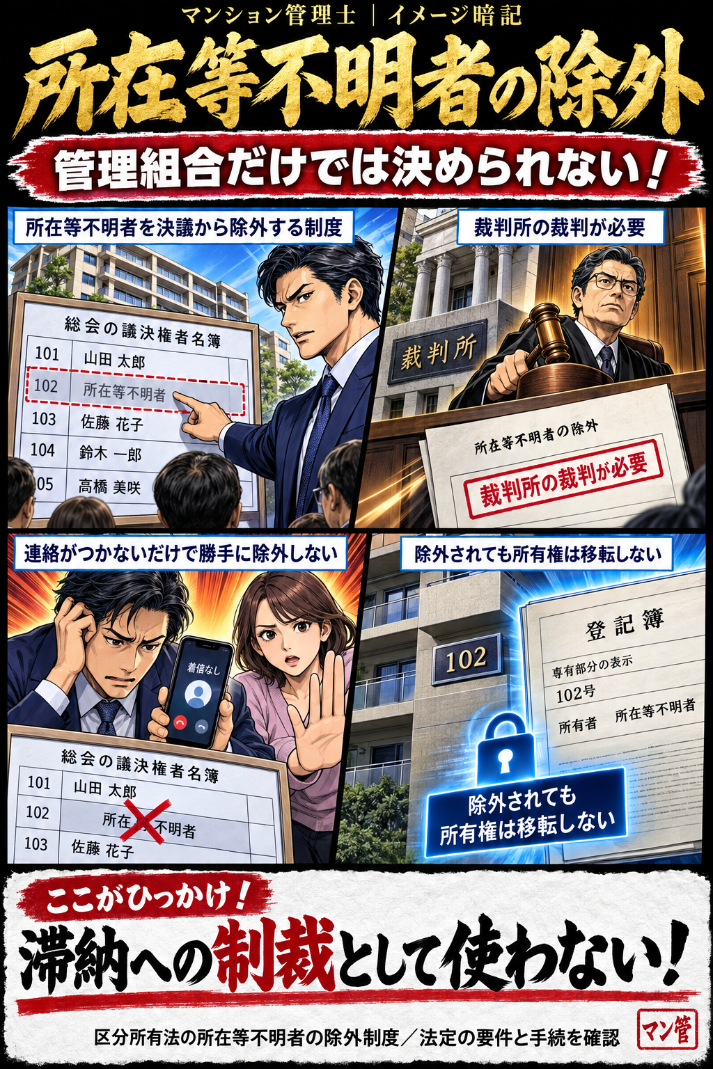 所在等不明者の除外。所在等不明者を決議から除外する制度。裁判所の裁判が必要。連絡がつかないだけで勝手に除外しない。除外されても所有権は移転しない。滞納への制裁として使わない! 区分所有法の所在等不明者の除外制度/法定の要件と手続を確認