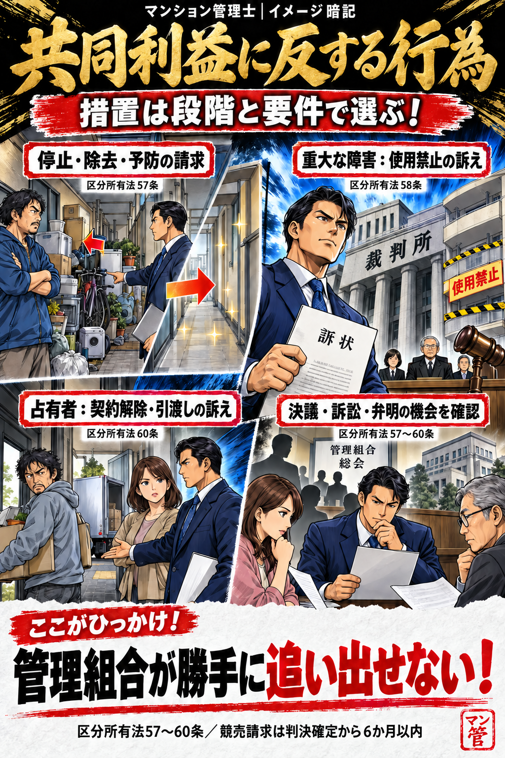 共同利益に反する行為。停止・除去・予防の請求。重大な障害:使用禁止の訴え。占有者:契約解除・引渡しの訴え。決議・訴訟・弁明の機会を確認。管理組合が勝手に追い出せない! 区分所有法57〜60条/競売請求は判決確定から6か月以内