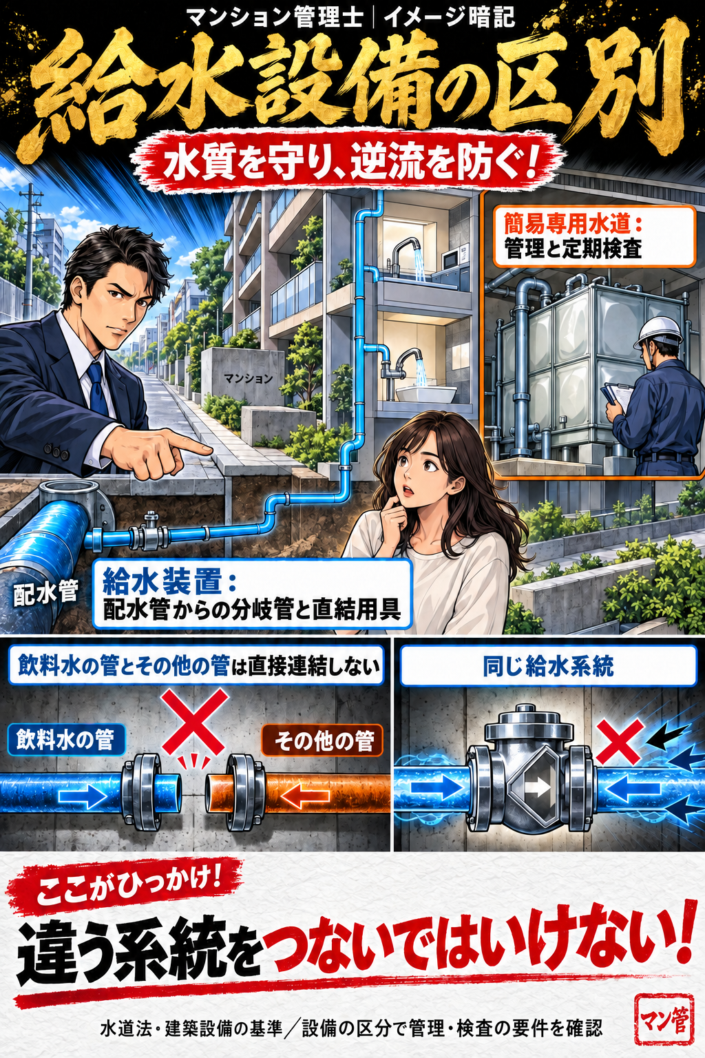 給水設備の区別。給水装置:配水管からの分岐管と直結用具。簡易専用水道:管理と定期検査。飲料水の管とその他の管は直接連結しない。逆流の防止を確認。違う系統をつないではいけない! 水道法・建築設備の基準/設備の区分で管理・検査の要件を確認