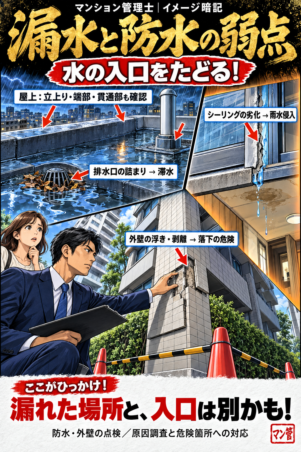 漏水と防水の弱点。屋上:立上り・端部・貫通部も確認。排水口の詰まり → 滞水。シーリングの劣化 → 雨水侵入。外壁の浮き・剥離 → 落下の危険。漏れた場所と、入口は別かも! 防水・外壁の点検/原因調査と危険箇所への対応