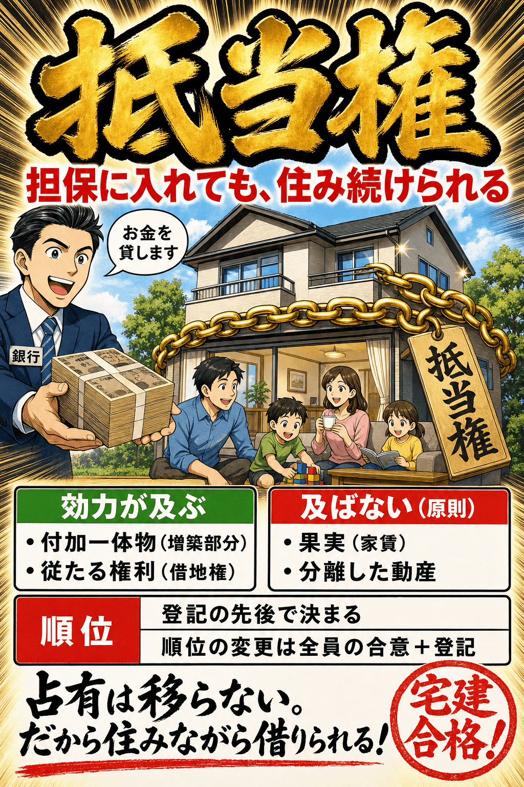 抵当権を設定しても住み続けられることと、効力の及ぶ範囲・順位を整理した暗記画像