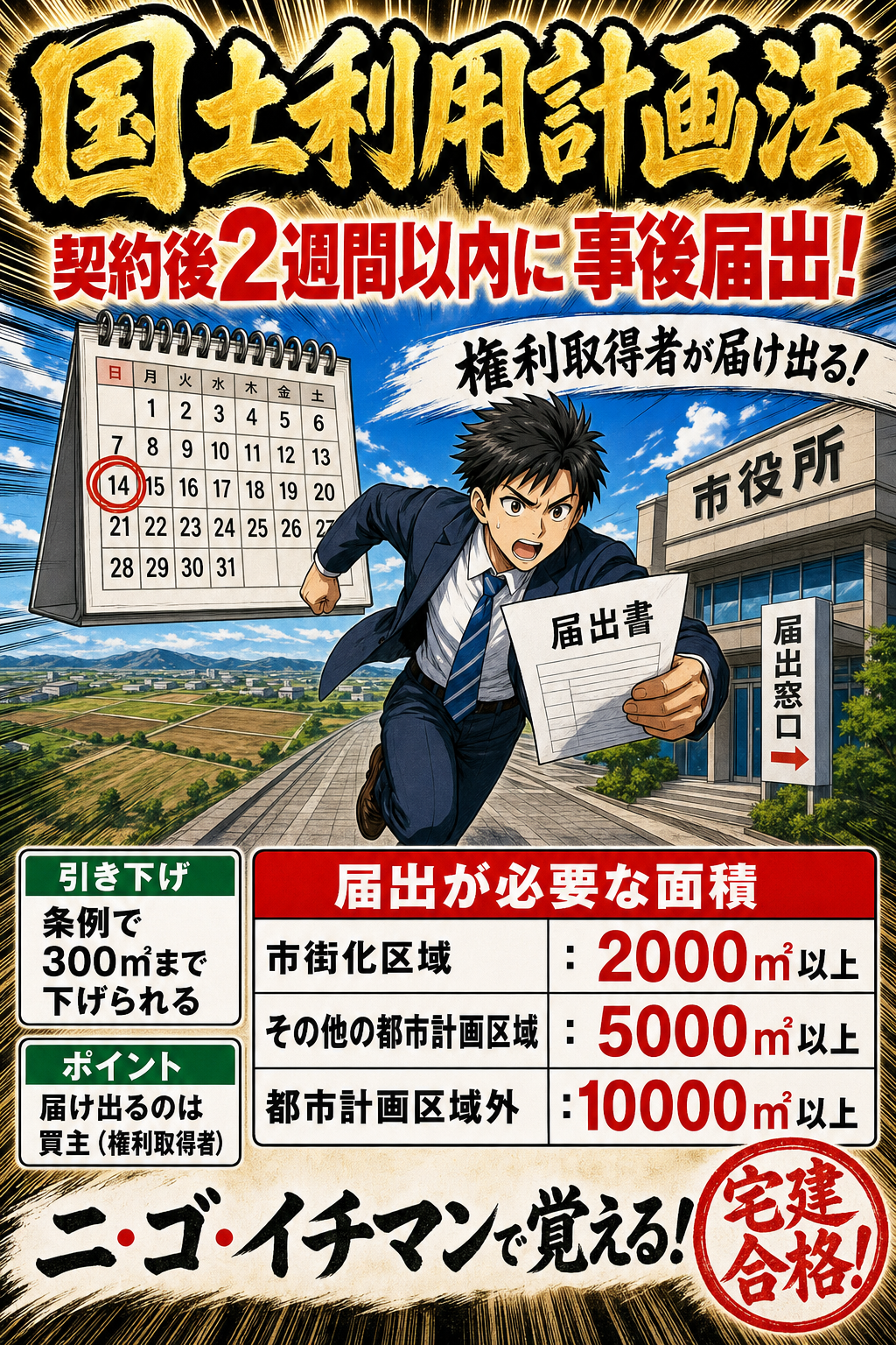 国土利用計画法の事後届出の面積基準を整理した暗記画像