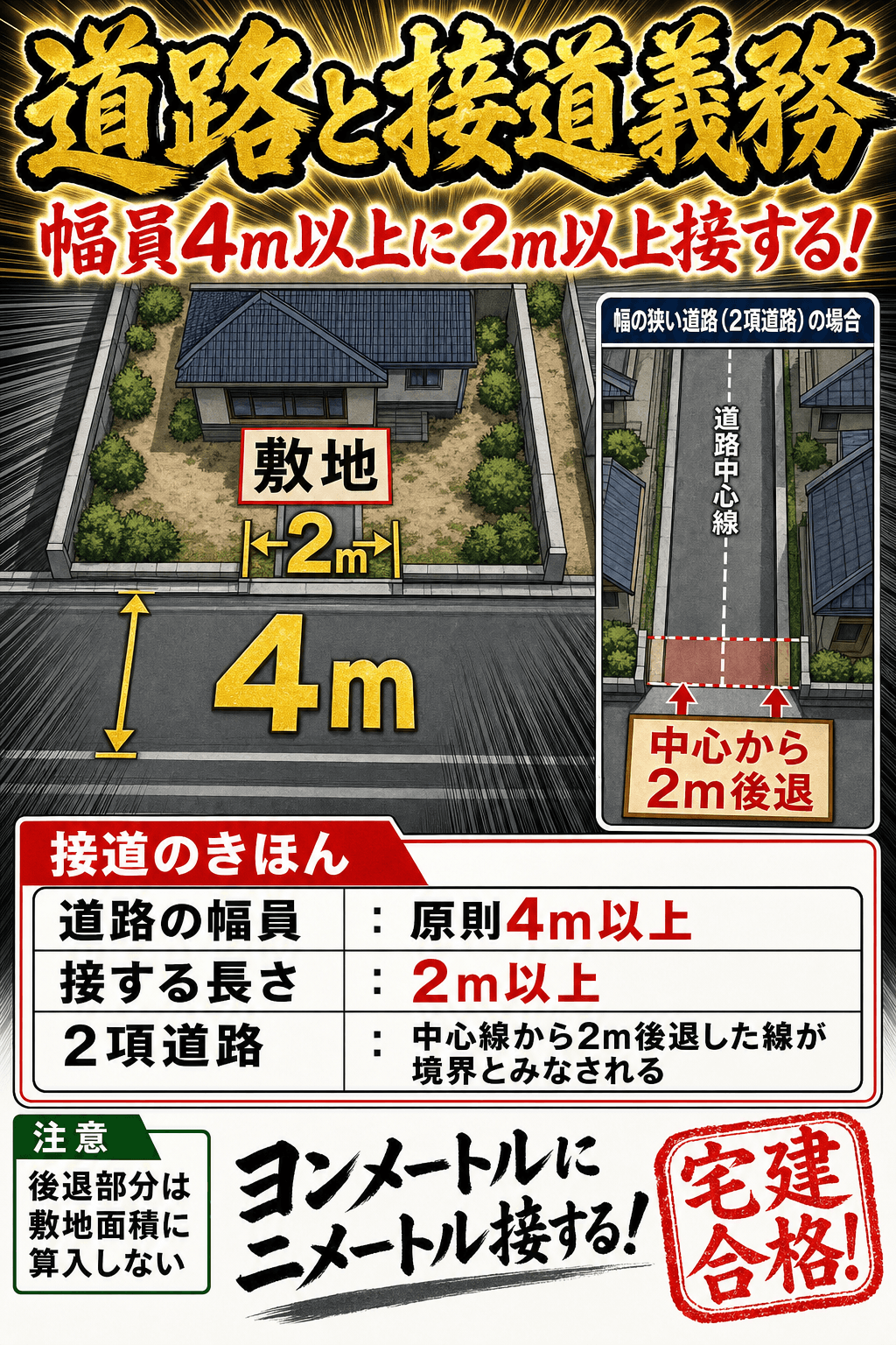 建築基準法の接道義務と2項道路のセットバックを整理した暗記画像