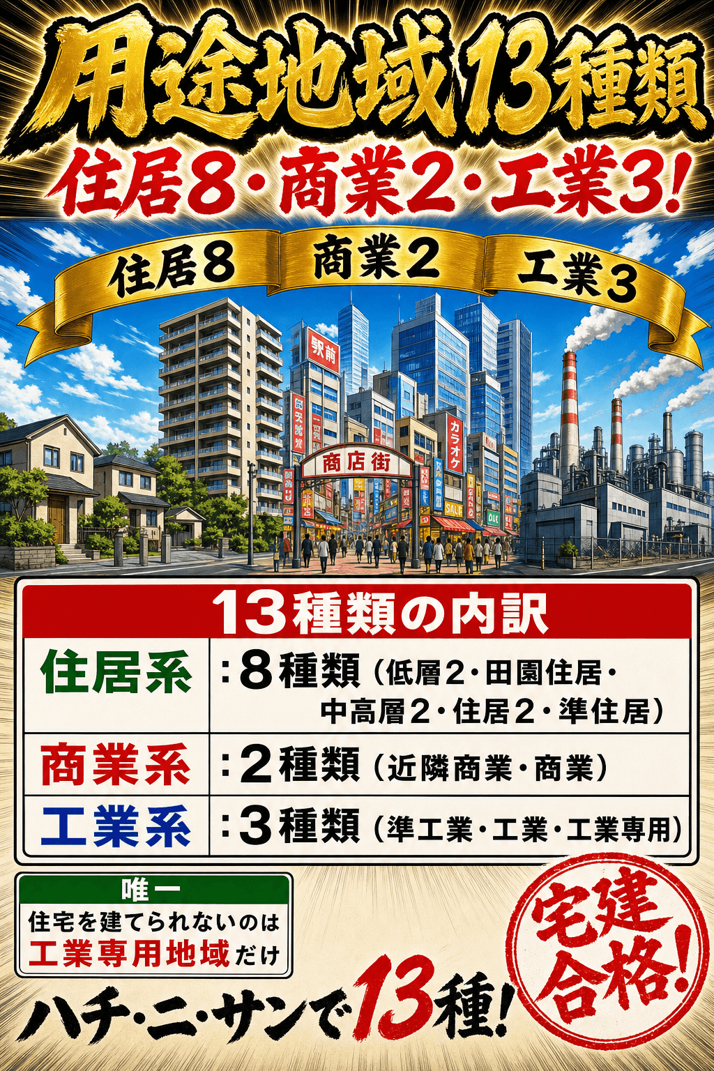 用途地域13種類の内訳を住居系・商業系・工業系で整理した暗記画像